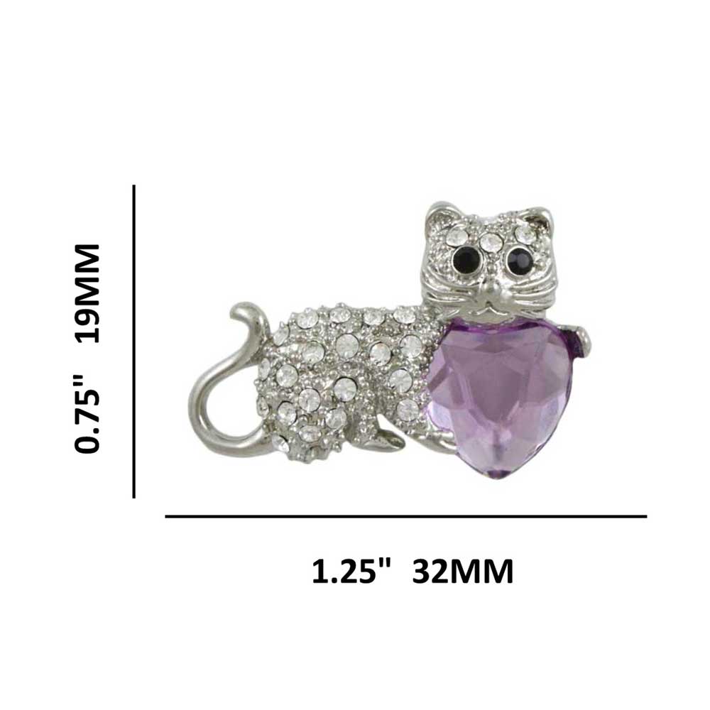 Crystal Cat with Large Purple Heart Brooch Pin shown with measurements - Lilylin Designs