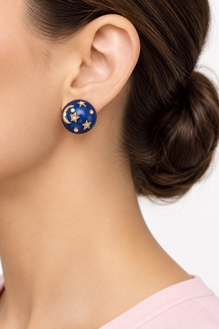 Model wearing blue enamel and crystal celestial clip earring - Lilylin Designs