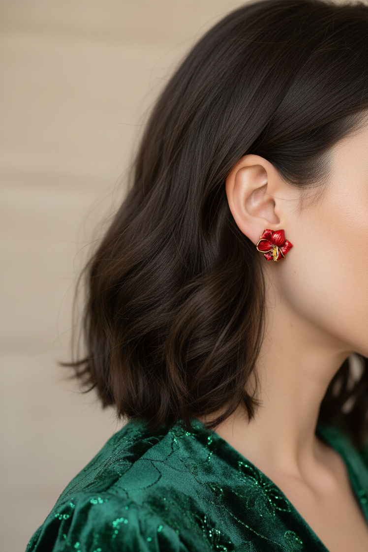 Model wearing red enamel Amaryllis clip on earring - Lilylin Designs
