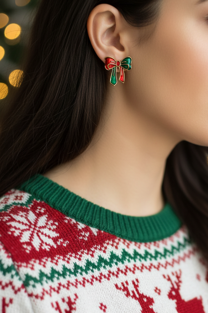 Model wearing red and green Christmas Bow Pierced Earring - Lilylin Designs