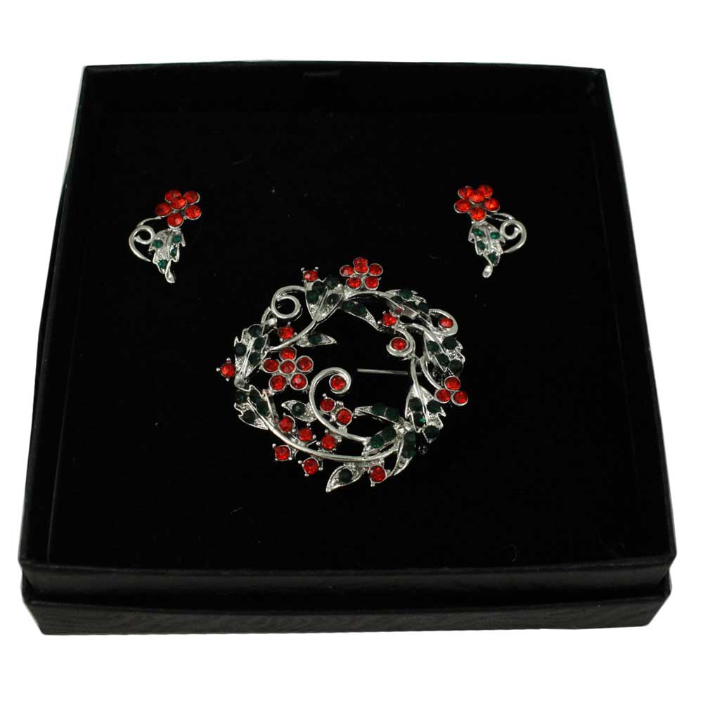 Floral Christmas Wreath Pin and Earring Boxed Set - PRL029XBS - Lilylin Designs