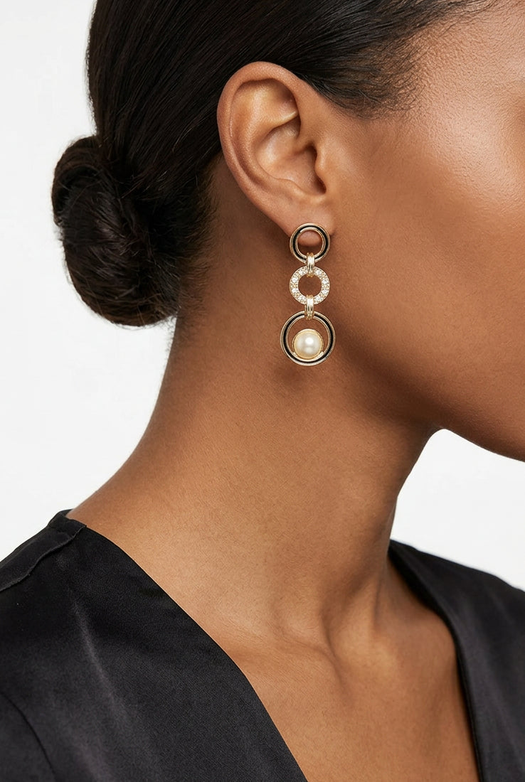 Model wearing black enamel and clear crystal circles pearl pierced earring - Lilylin Designs