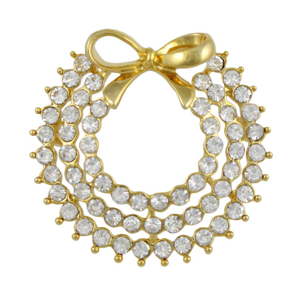 Clear Crystals Wreath with Gold Bow Brooch Pin - Lilylin Designs