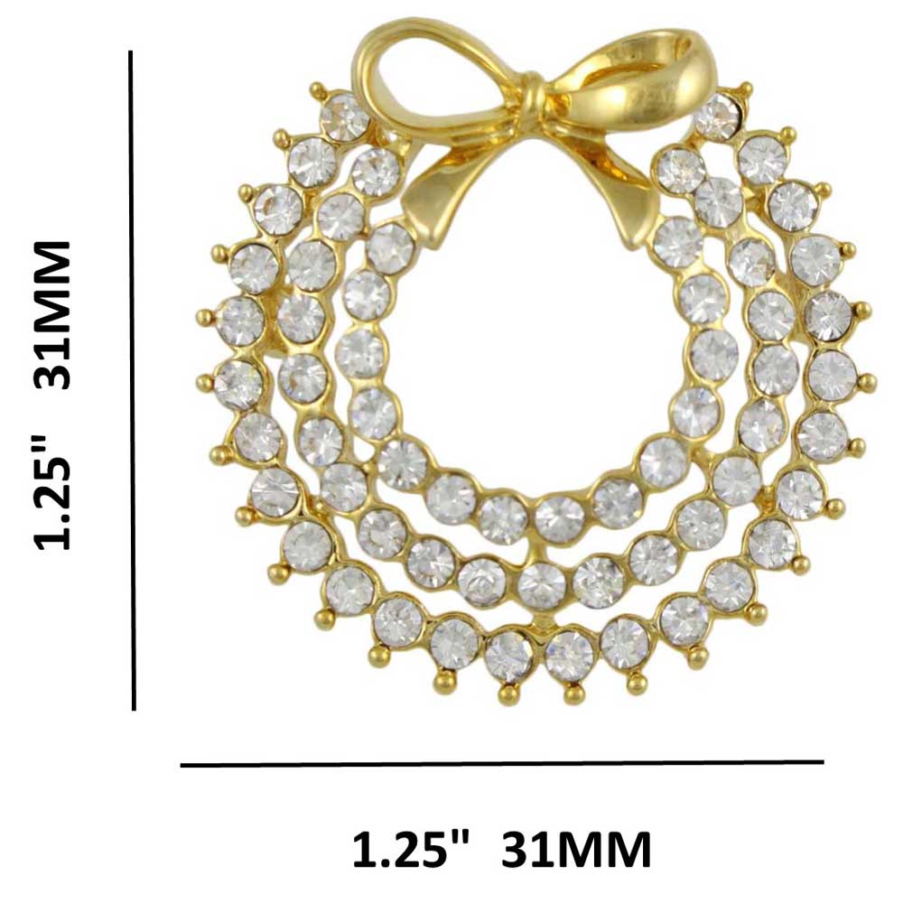 Clear Crystals Wreath with Gold Bow Brooch Pin with measurements - Lilylin Designs