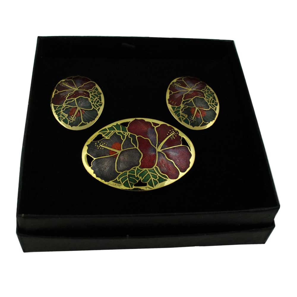 Lilylin Designs Red and Gray Hibiscus Cloisonne Pin and Earring Set