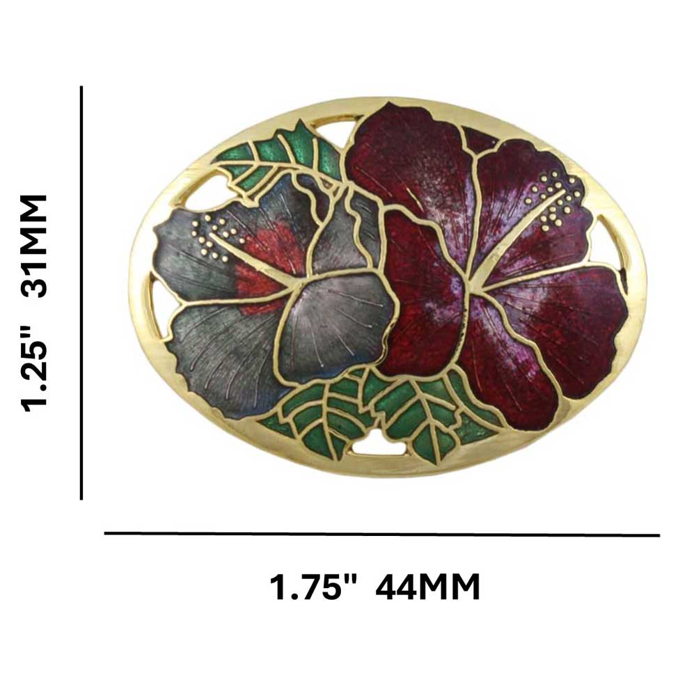Red and Gray Hibiscus Cloisonne Flower Brooch Pin with measurements - Lilylin Designs