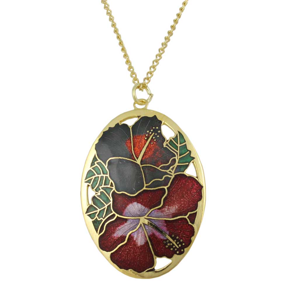 Red and Gray Hibiscus Cloisonne Pendant on Gold Chain - Lilylin Designs