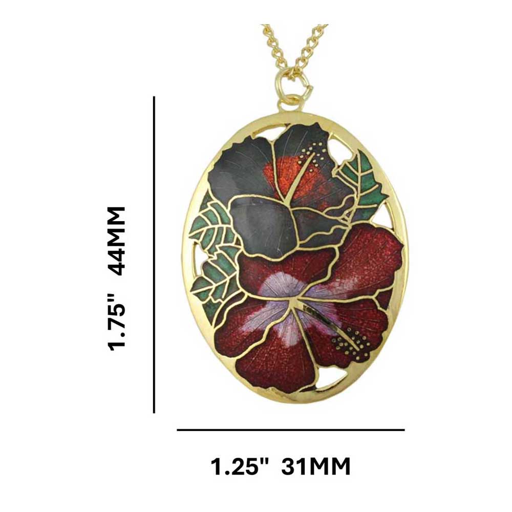 Red and Gray Hibiscus Cloisonne Pendant on Gold Chain with measurements  - Lilylin Designs