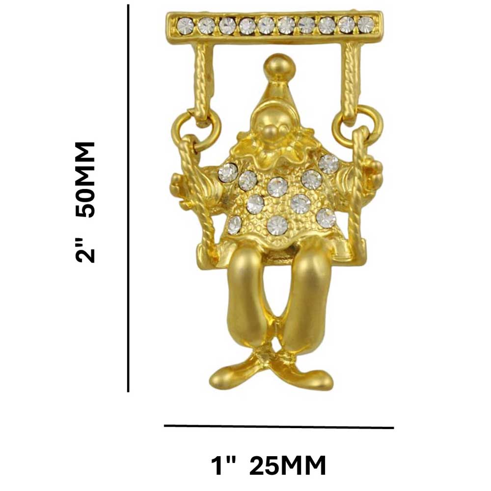 Gold and Crystal Clown on Swing Brooch Pin shown with measurements - Lilylin Designs