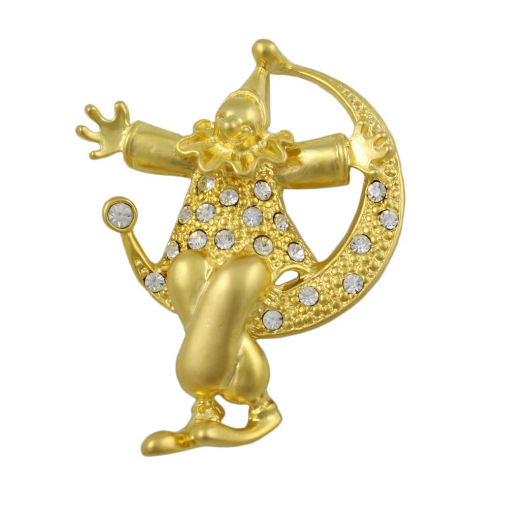 Gold and Crystal Clown on Crescent Moon Brooch Pin - Lilylin Designs