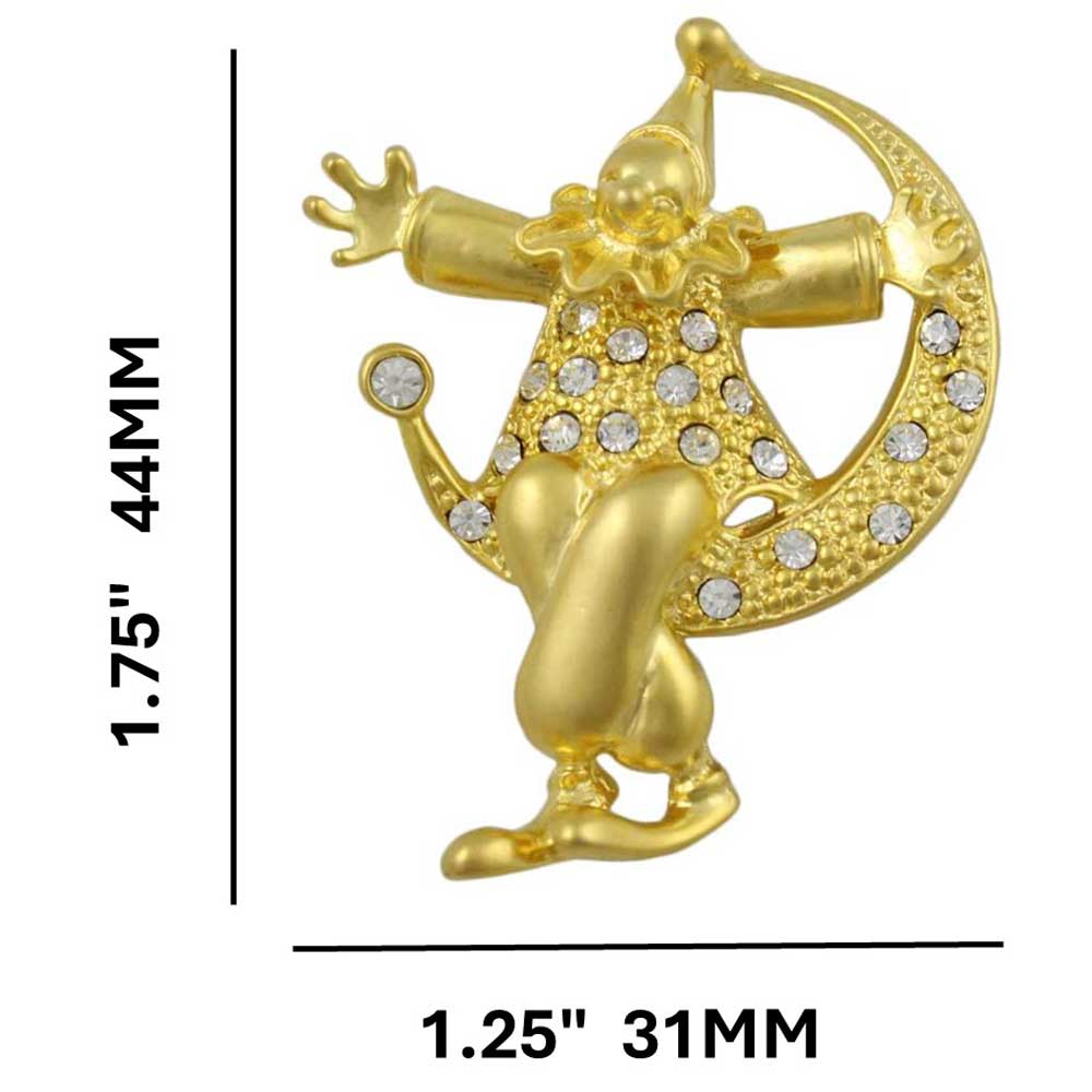 Gold and Crystal Clown on Crescent Moon Brooch Pin shown with measurements - Lilylin Designs