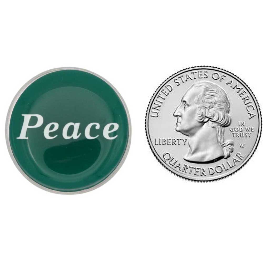 Round green peace pin with US Quarter for comparison size