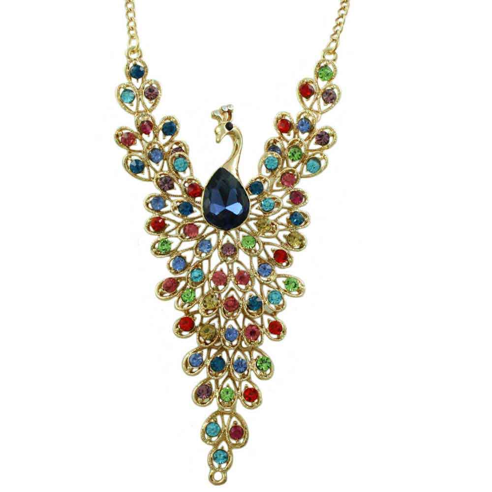 Lilylin Designs Multi-color Crystal Peacock with Large Blue Crystal Necklace
