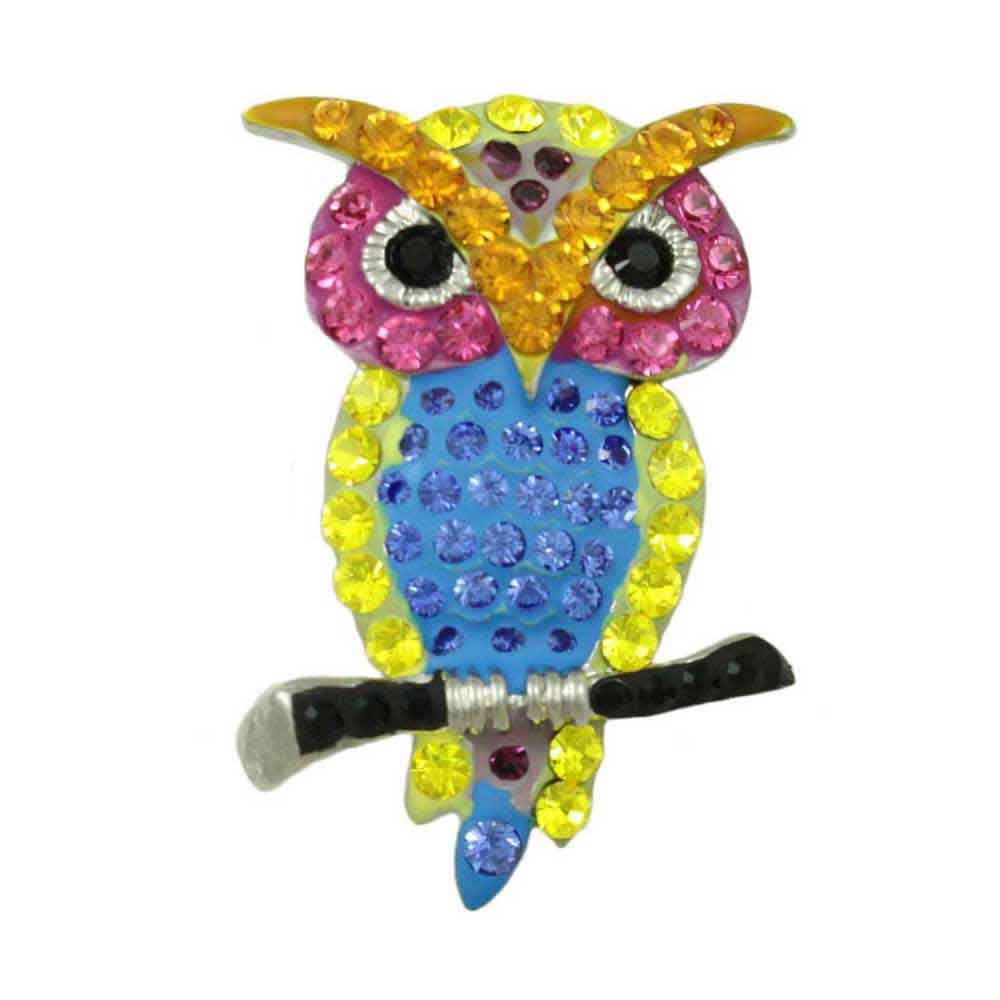 Lilylin Designs Yellow, Pink, and Blue Colorful Crystal Owl Brooch Pin