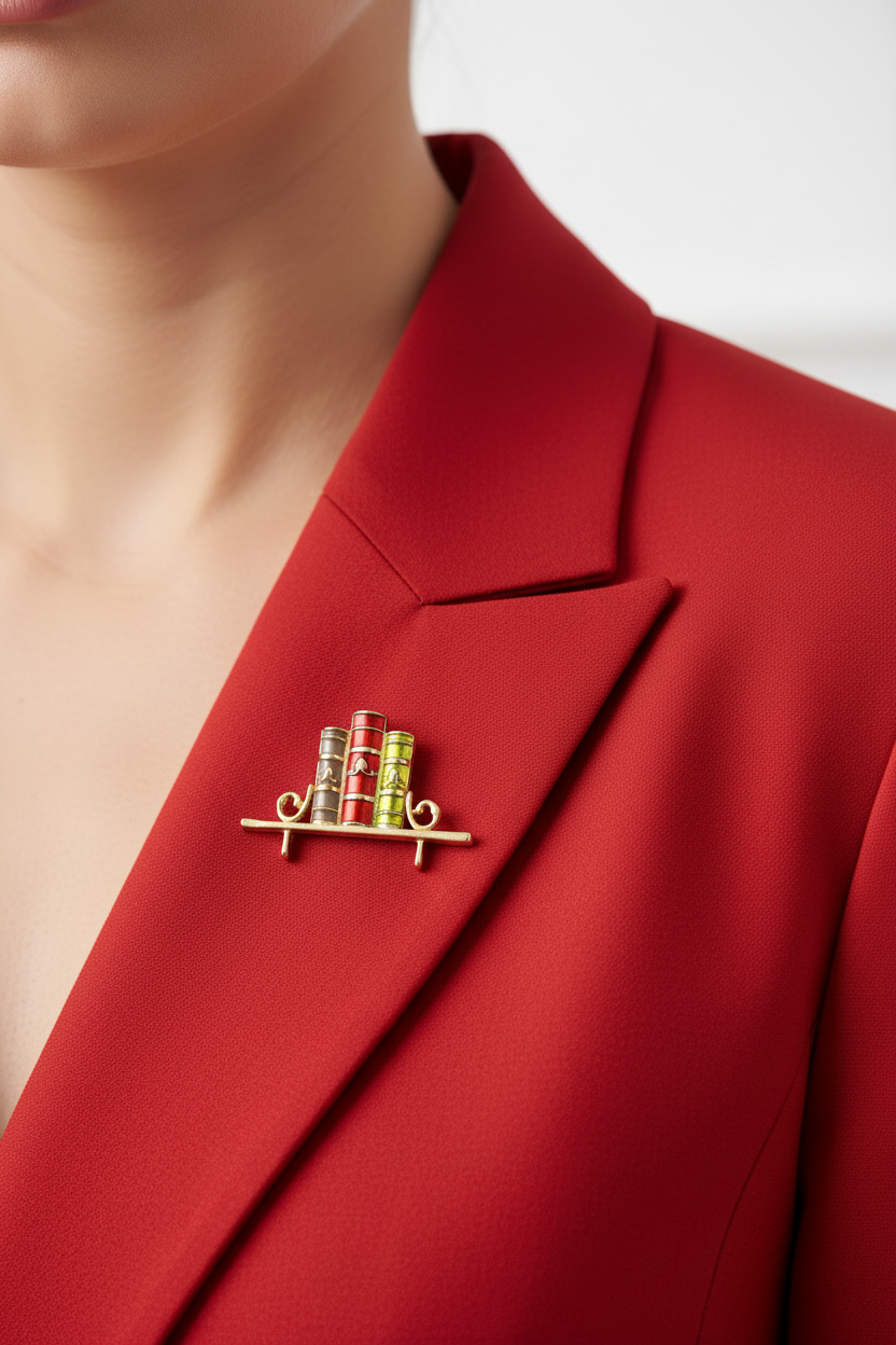 Model wearing colorful books on a shelf pin - Lilylin Designs