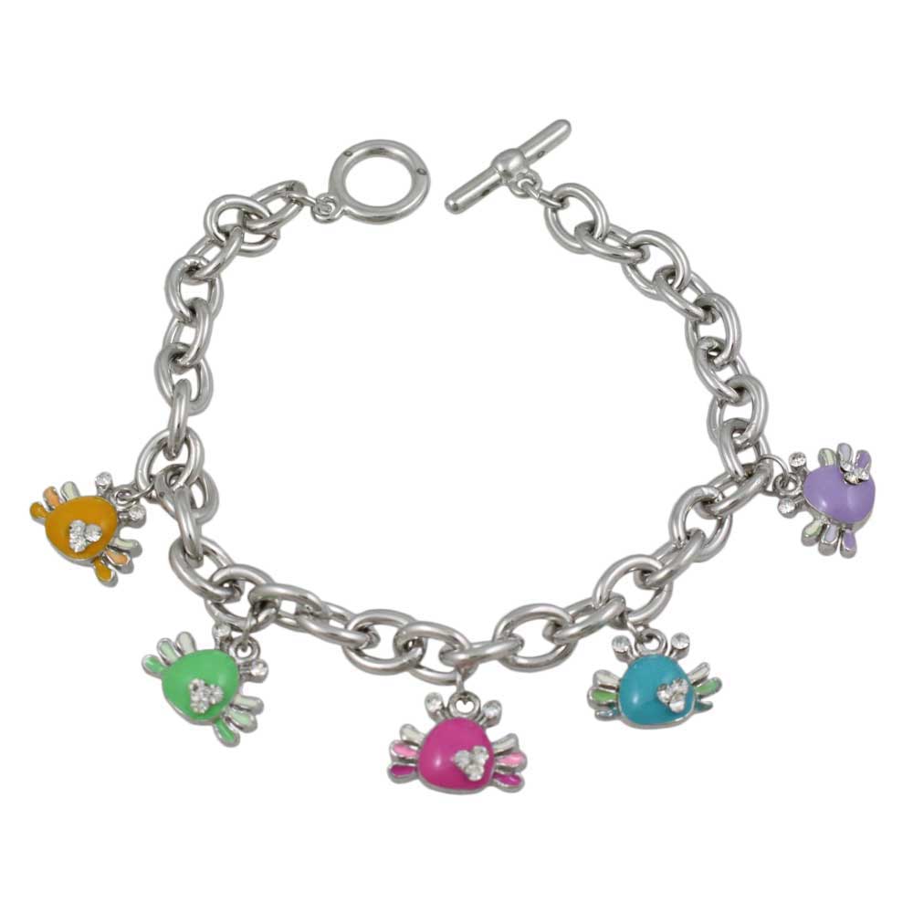 A silver chain bracelet with a toggle clasp and five dangling enamel crab charms in yellow, green, pink, blue, and purple, each decorated with small rhinestones. Lilylin Designs