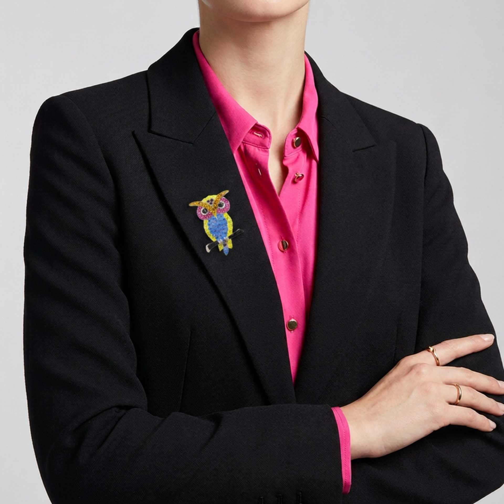 Model wearing Yellow Pink and Blue Colorful Crystal Owl Pin - Lilylin Designs