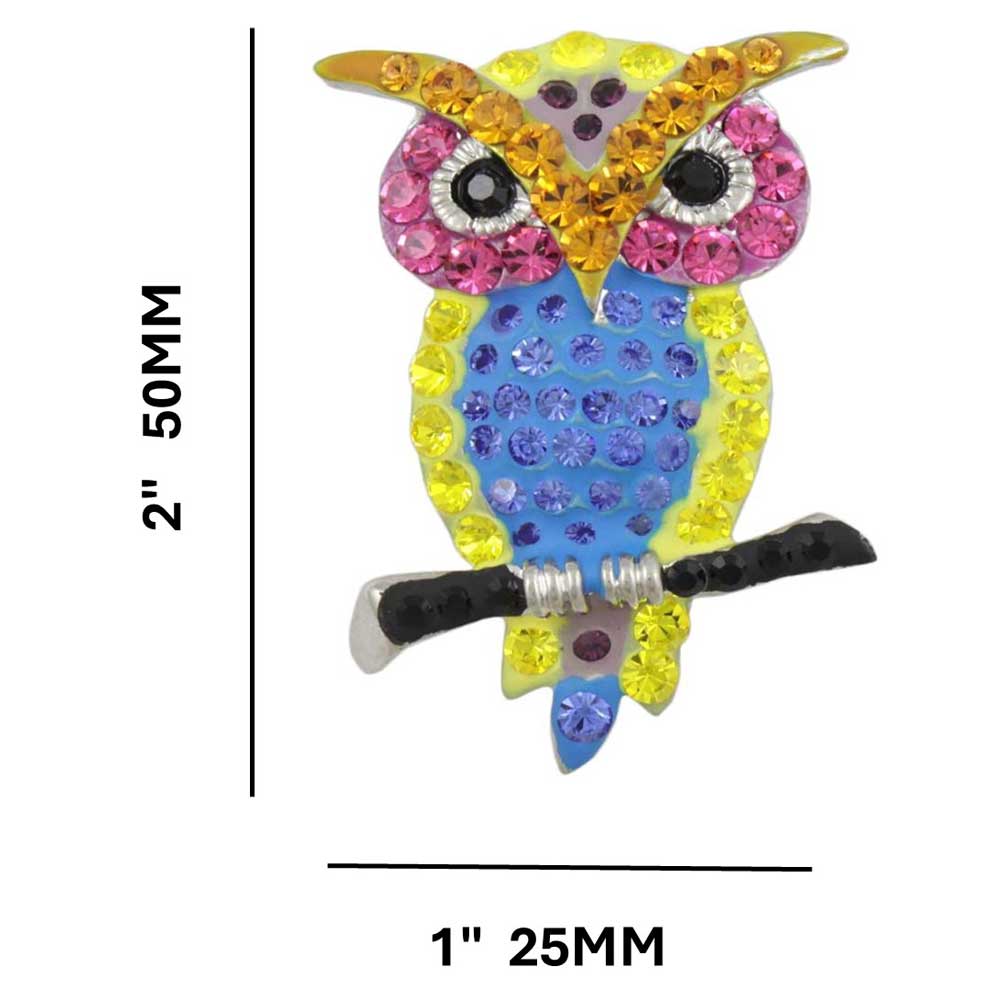 Yellow Pink and Blue Colorful Crystal Owl Pin shown with measurements - Lilylin Designs