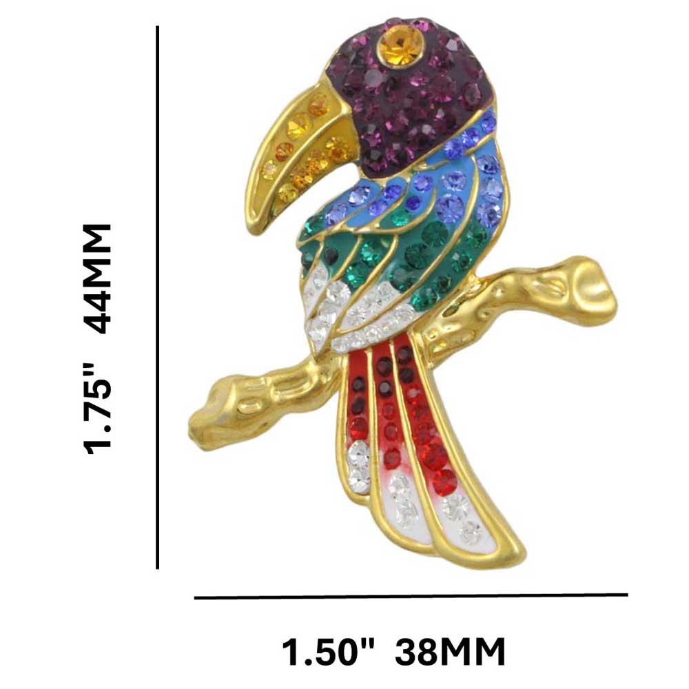 Toucan Brooch Pin with Colorful Crystals shown with measurements - Lilylin Designs