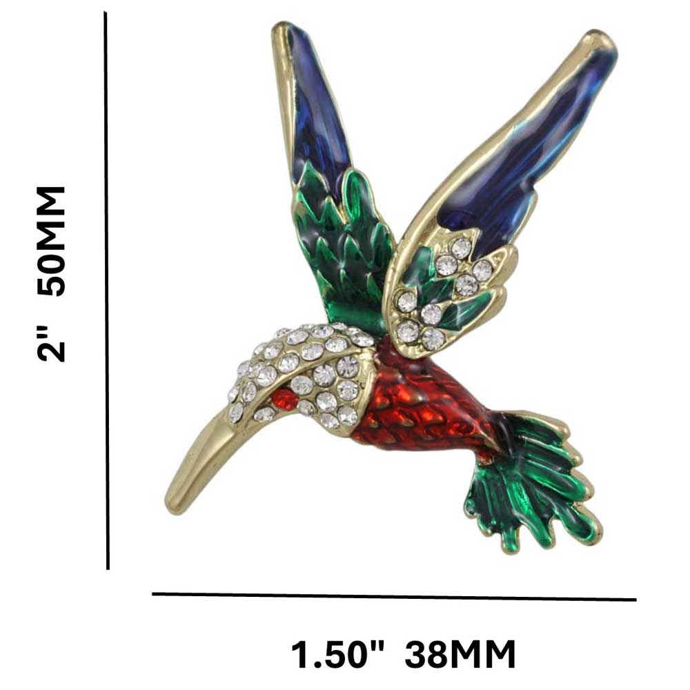 Colorful Enamel and Crystal Hummingbird Brooch Pin with measurements - Lilylin Designs