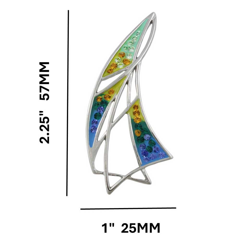 Colorful Enamel and Crystal Sailboat Brooch Pin shown with measurements - Lilylin Designs
