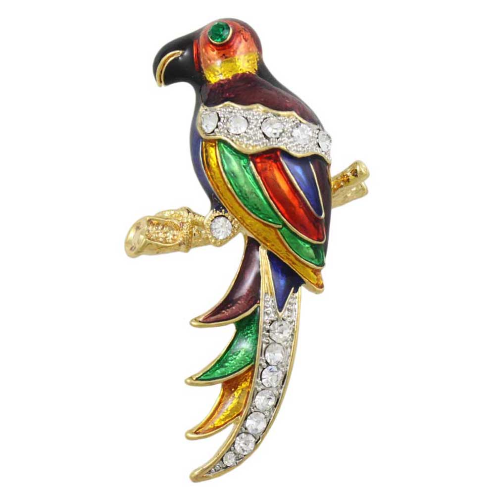 Parrot Brooch Pin with Colorful Dark Enamel and Crystals - Lilylin Designs