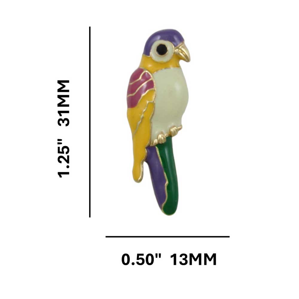 Bright Colorful Enamel Parrot Lapel Tac Pin shown with measurements - Lilylin Designs