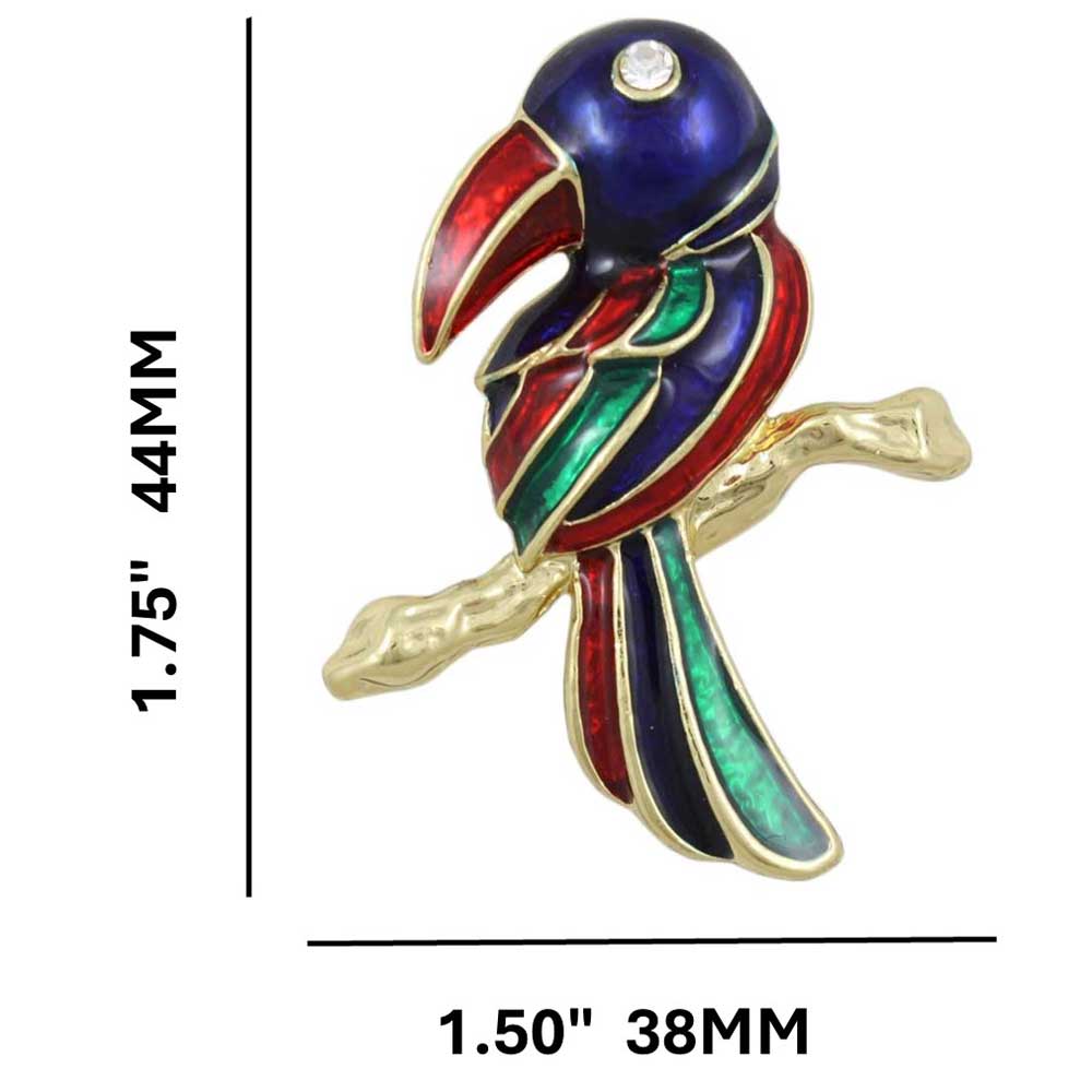Blue Red Green Enamel Toucan Brooch Pin shown with measurements - Lilylin Designs