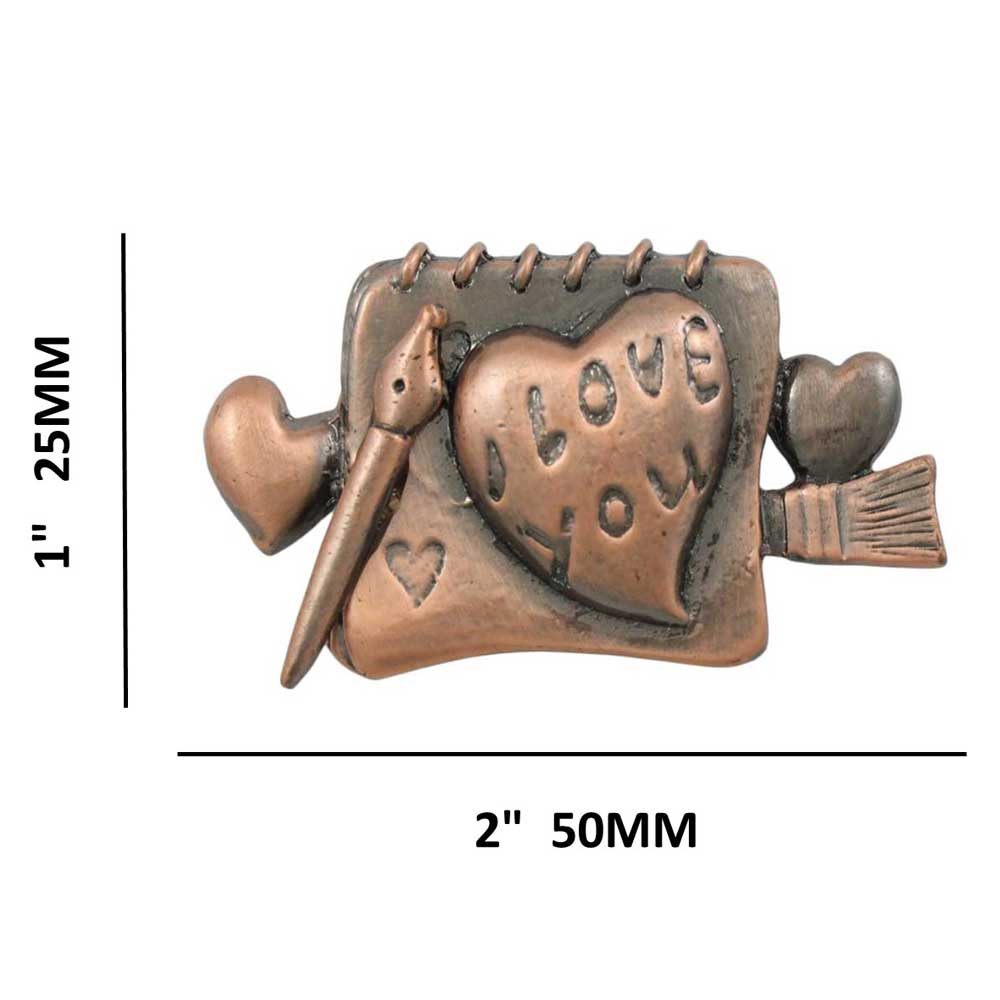 Copper I Love You Notebook with Heart Brooch Pin with measurements - Lilylin Designs