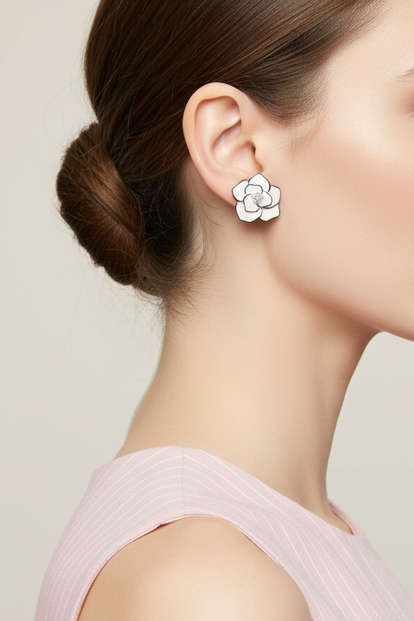 Model wearing Cream flower clip on earring - Lilylin Designs