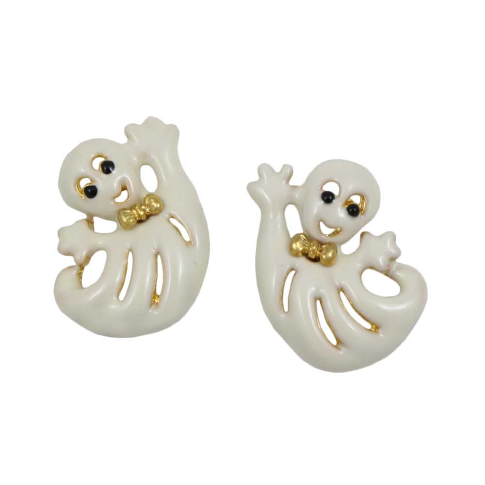 Cream Ghost with Gold Bowtie Halloween Pierced Earring - PF113E - Lilylin Designs