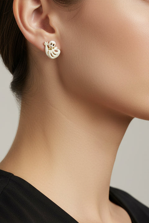 Model wearing cream ghost with gold bowtie Halloween pierced earring - Lilylin Designs