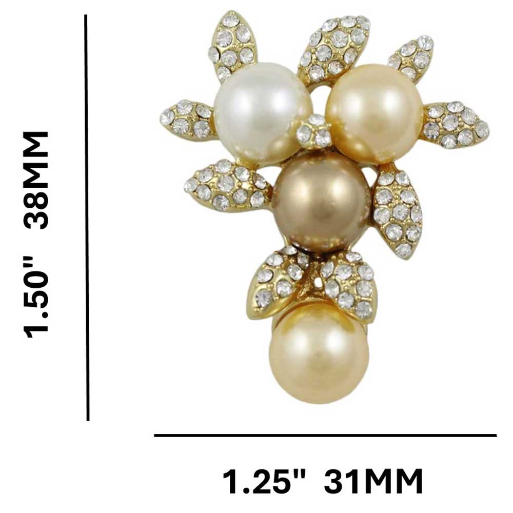 Cream Brown and Yellow Pearls with Crystal Leaves Brooch Pin shown with measurements - Lilylin Designs