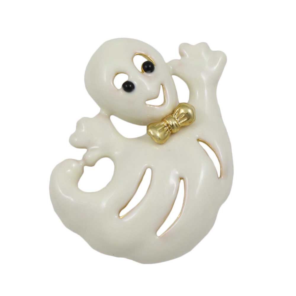 Cream Happy Ghost with Gold Bowtie Halloween Brooch Pin - Lilylin Designs