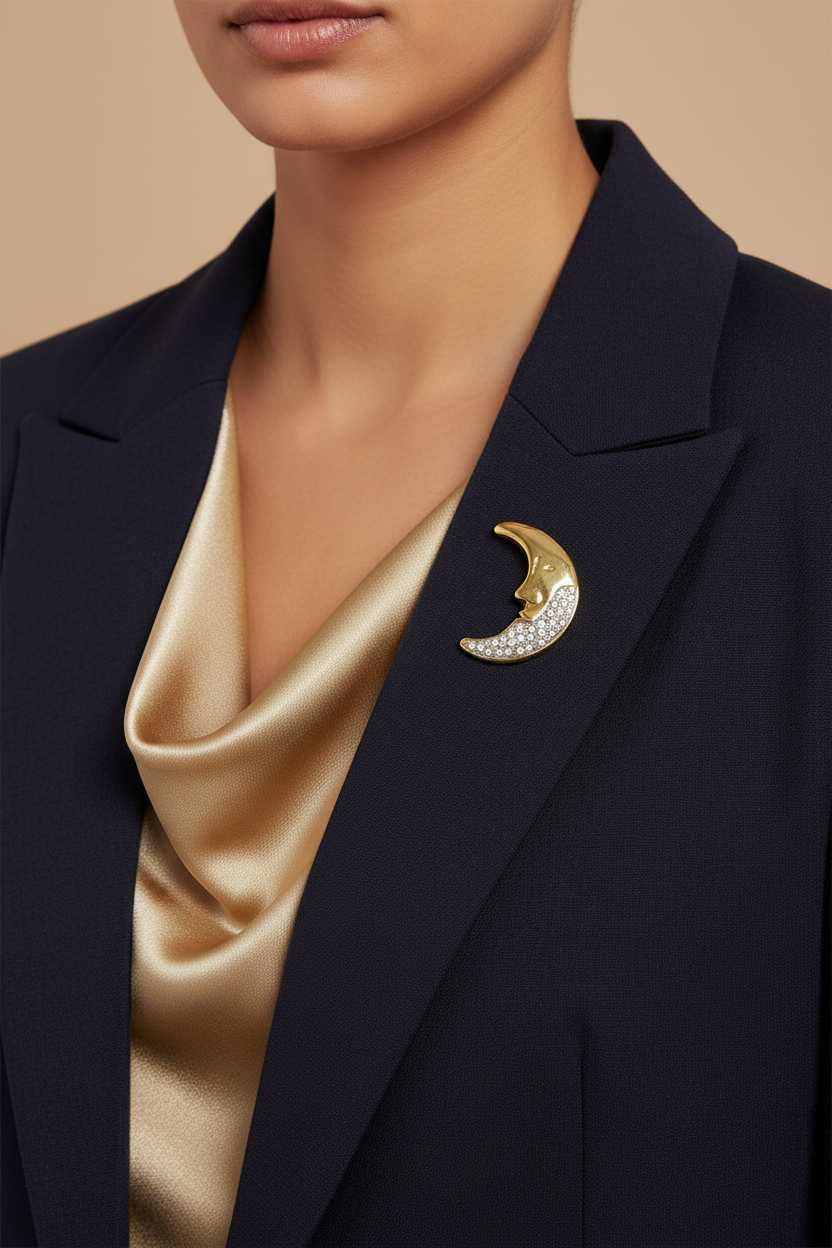 Model wearing crescent moon pin on a navy blue jacket - Lilylin Designs