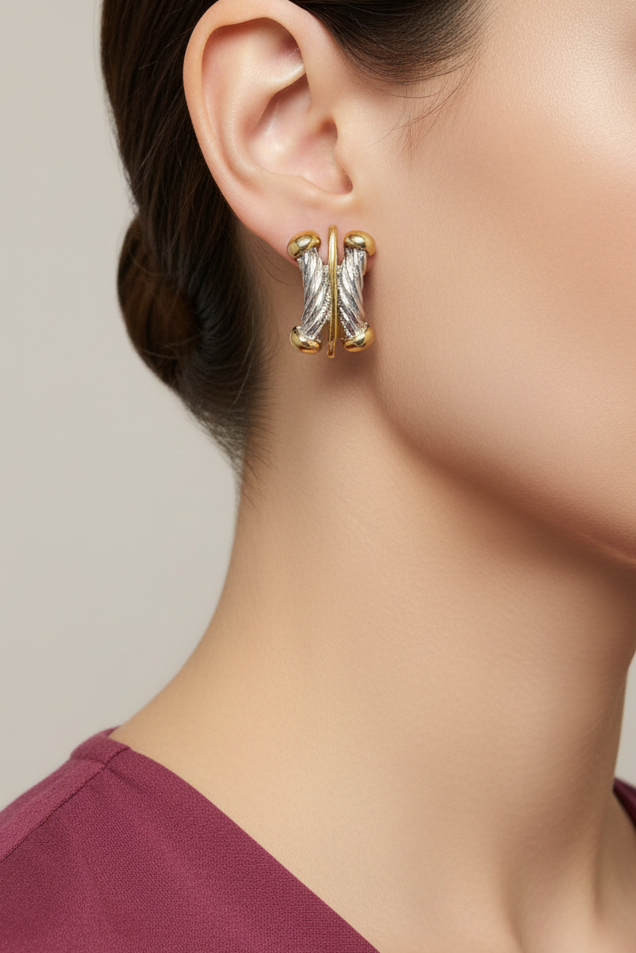 Model wearing silver and gold X bar clip earring - Lilylin Designs