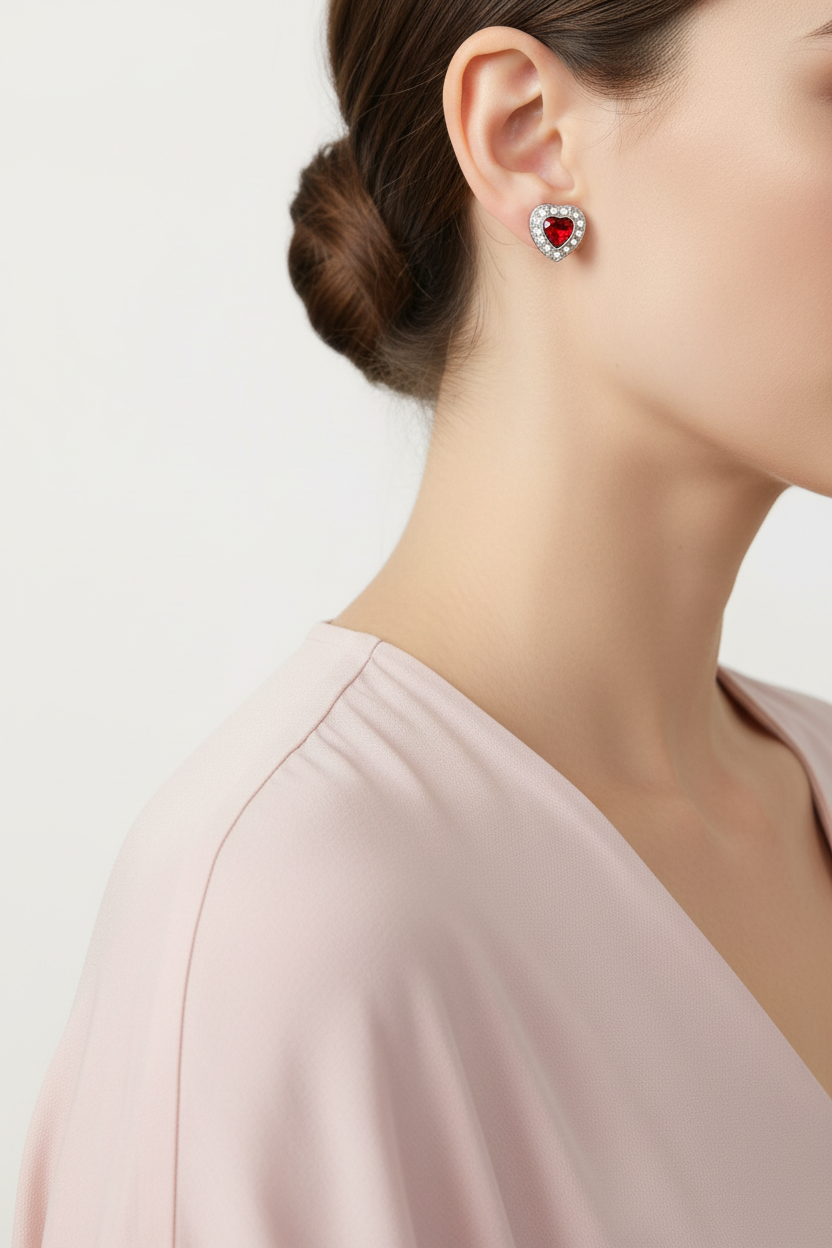 Model wearing Small Red Crystal Heart with Clear Crystals Pierced Earring - Lilylin Designs