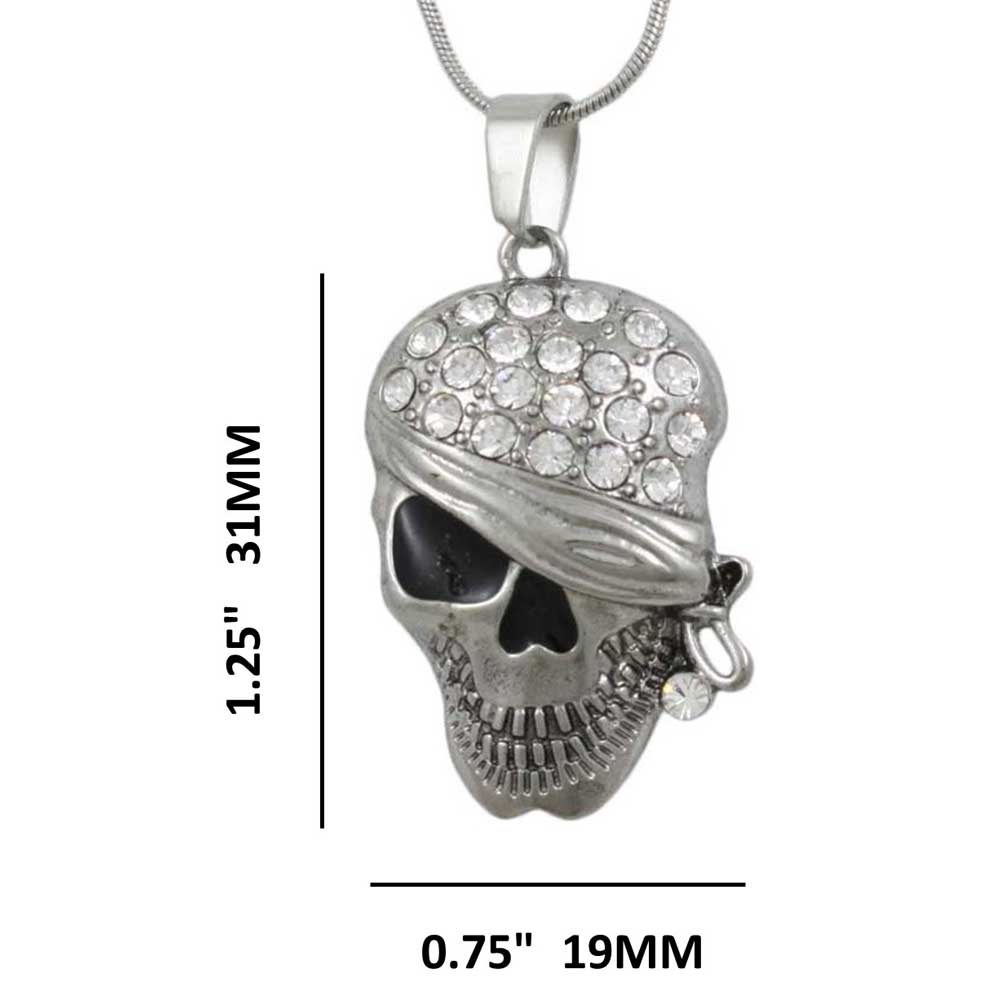 Crystal Bandaged Pirate Skull Pendant with Chain with measurements - Lilylin Designs