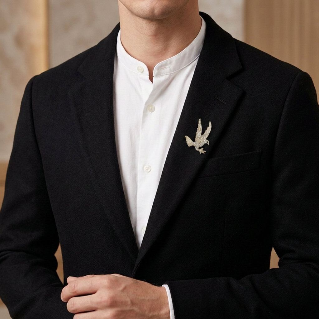 Model wearing Gold with Clear Crystals Bird of Prey Brooch Pin - Lilylin Designs