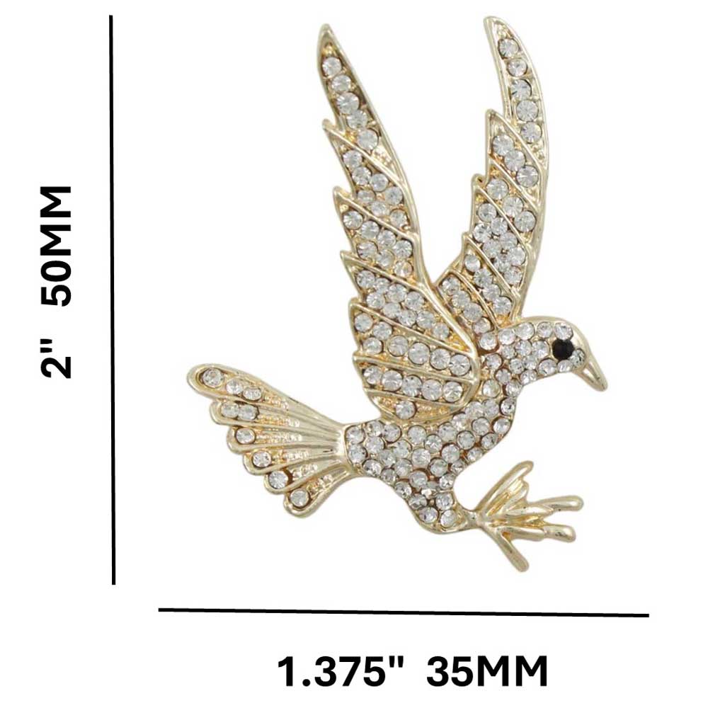 Gold with Clear Crystals Bird of Prey Brooch Pin shown with measurements - Lilylin Designs
