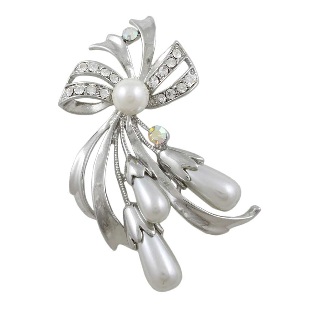 Crystal Bow with Light Gray Teardrop Pearls Brooch Pin - Lilylin Designs