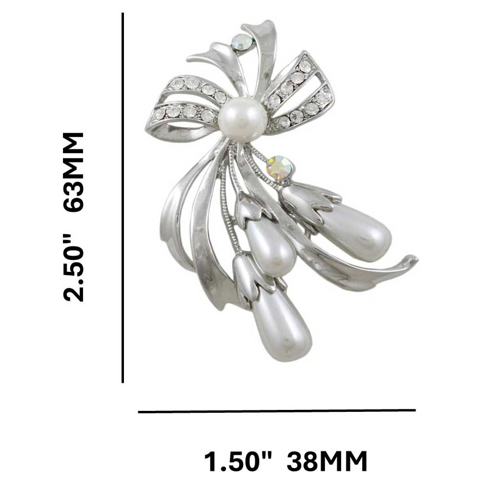 Crystal Bow with Light Gray Teardrop Pearls Brooch Pin shown with measurements - Lilylin Designs