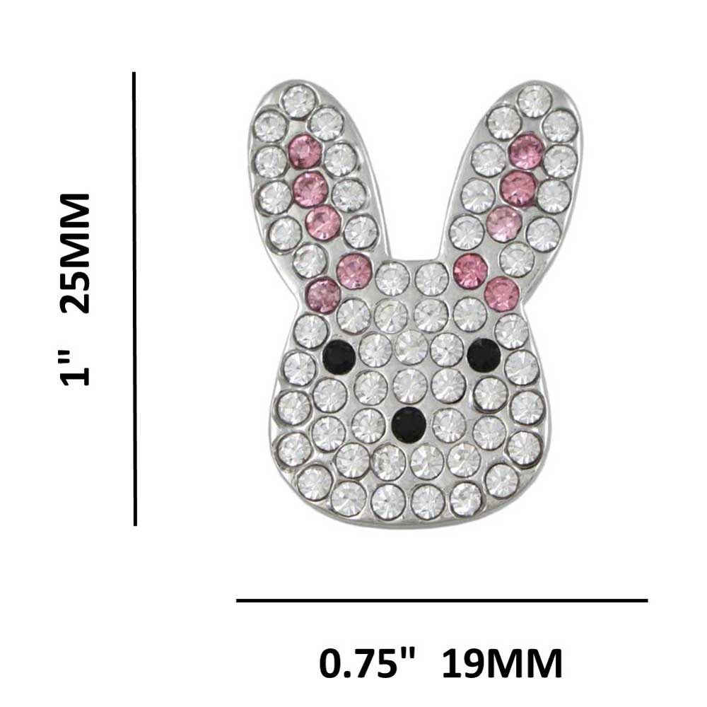 Small Crystal Bunny Head Lapel Tac Pin shown with measurements - Lilylin Designs