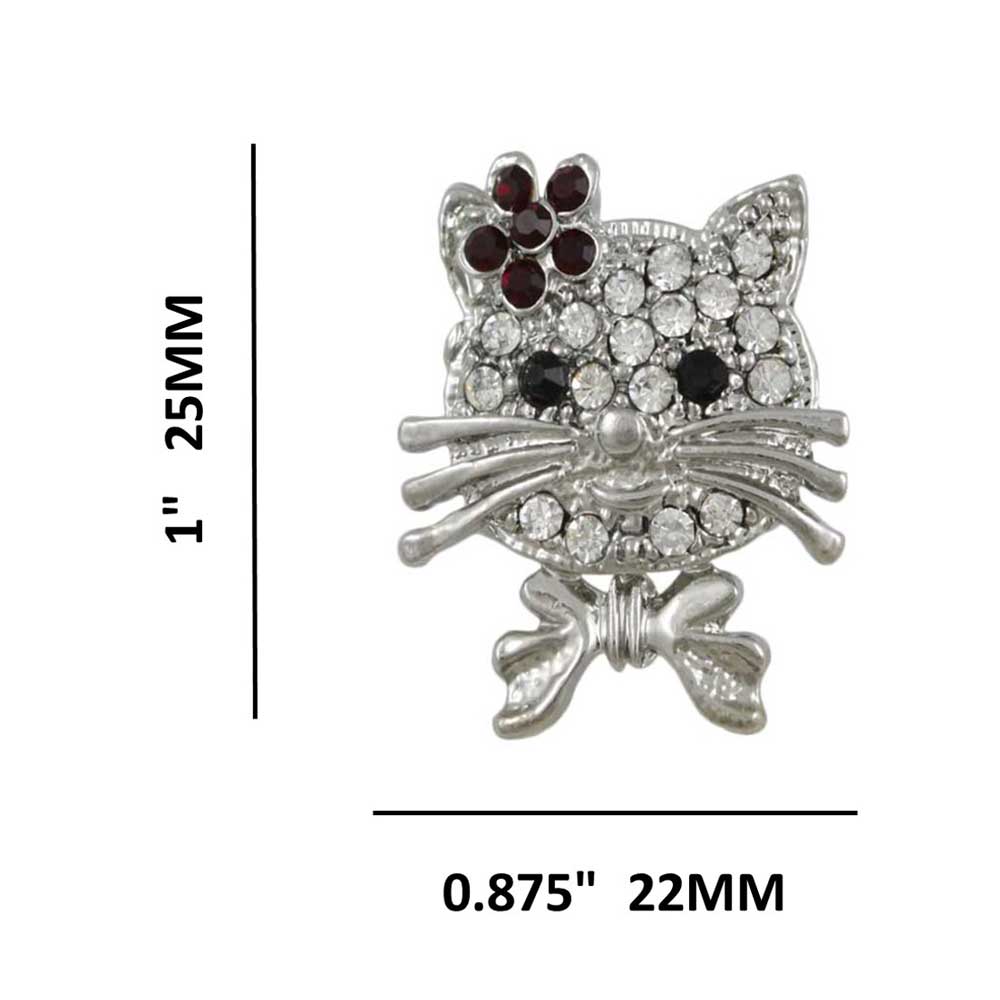 Small Crystal Cat Head with Red Flower Brooch Pin with measurements - Lilylin Designs