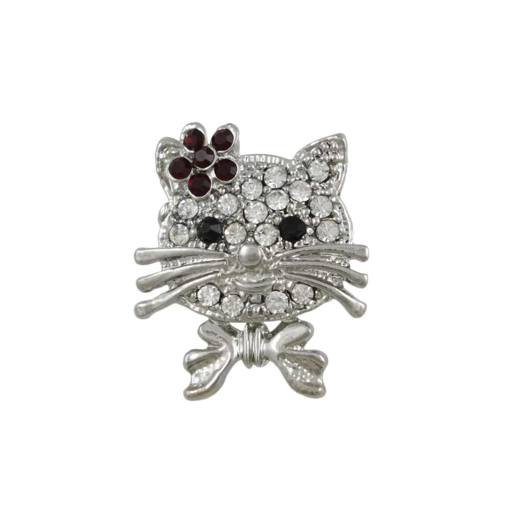 Small Crystal Cat Head with Red Flower Brooch Pin - Lilylin Designs