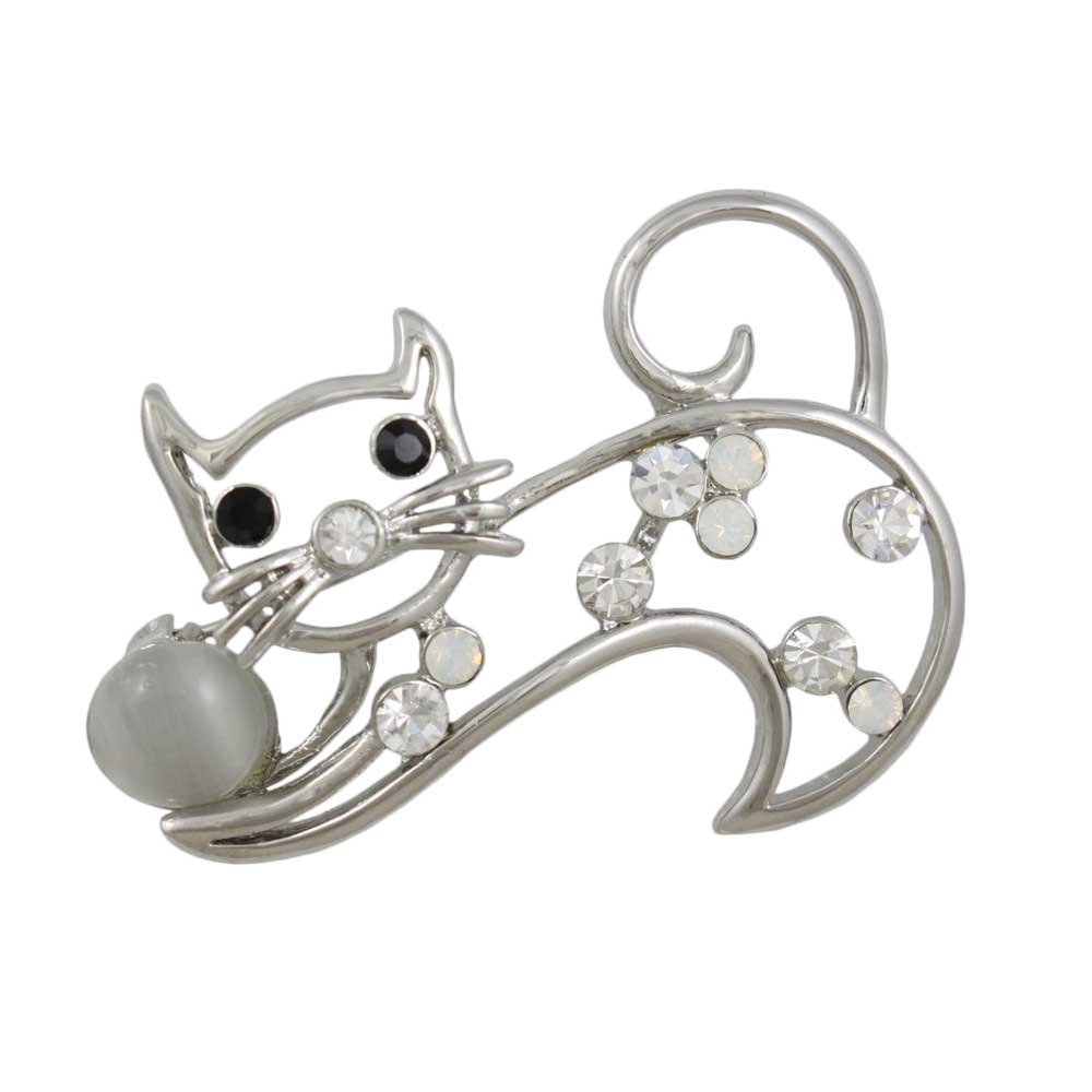 Crystal Cat with Gray Cats Eye Ball Brooch Pin - Lilylin Designs