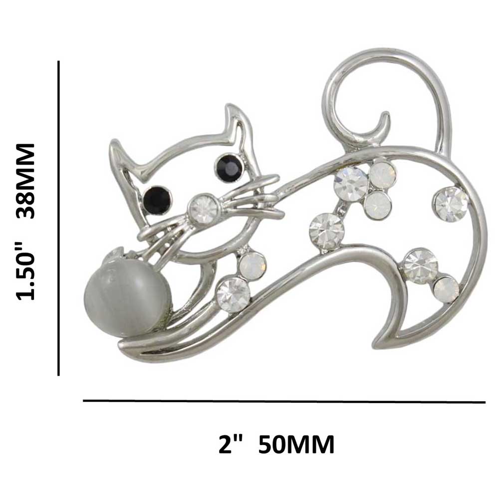 Crystal Cat with Gray Cats Eye Ball Brooch Pin shown with measurements - Lilylin Designs