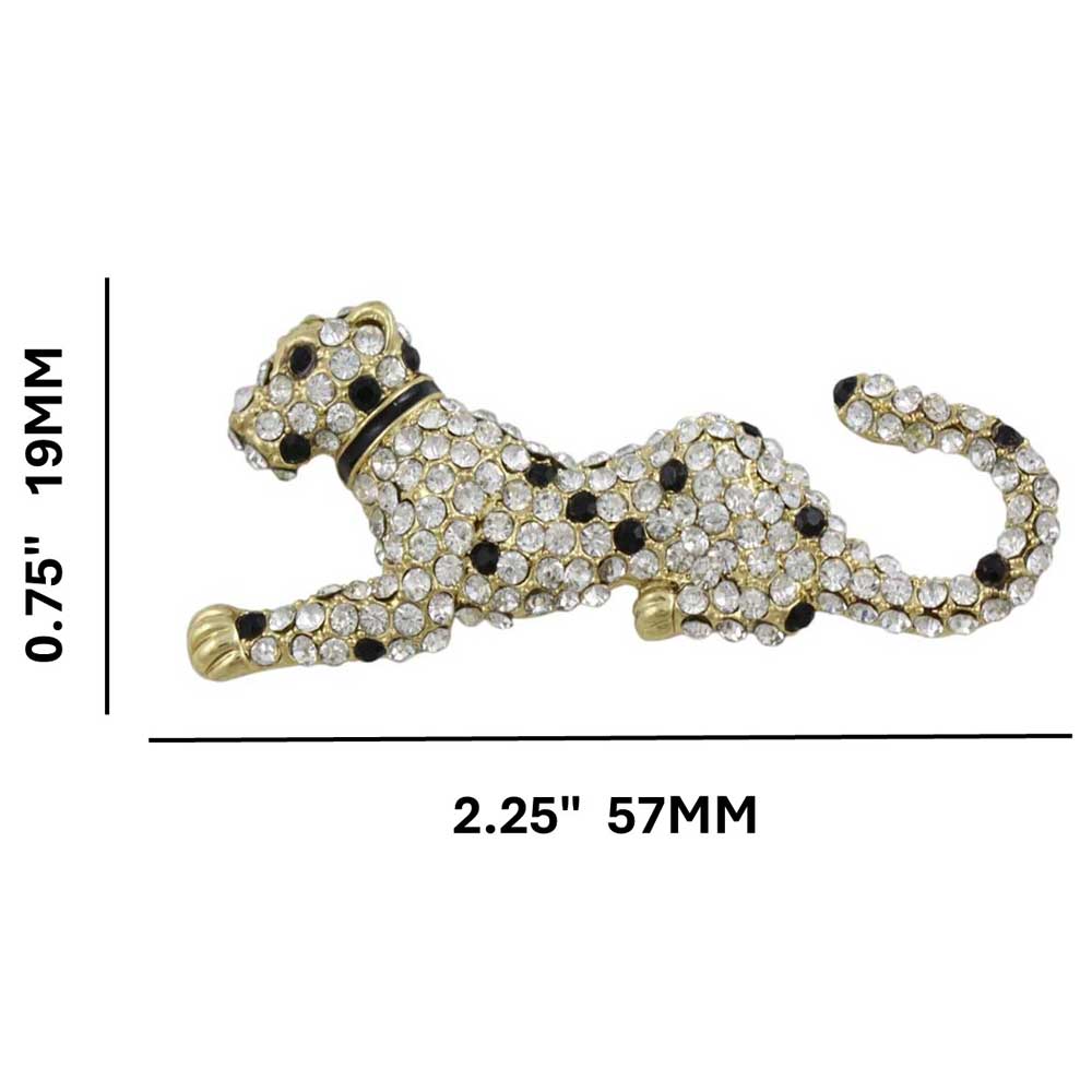 Cheetah Brooch Pin with Black and Clear Crystal Spots shown with measurements - Lilylin Designs