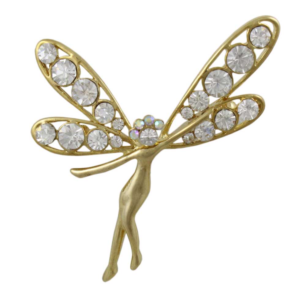 Gold and Crystal Fairy with Large Wings Brooch Pin - Lilylin Designs