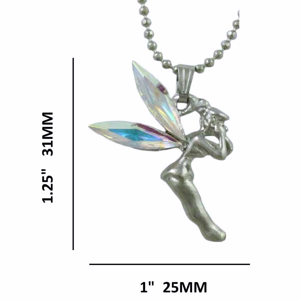 Silver fairy pendant necklace with measurements on a white background - Lilylin Designs